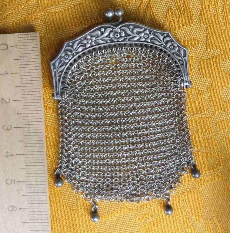 серебряный шейный кошелёк, кольчужное плетение, серебро без пробы