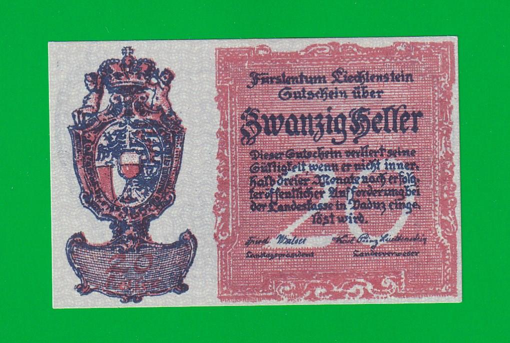 ЛИХТЕНШТЕЙН  20 геллеров 1920  UNC     СУПЕРЦЕНА