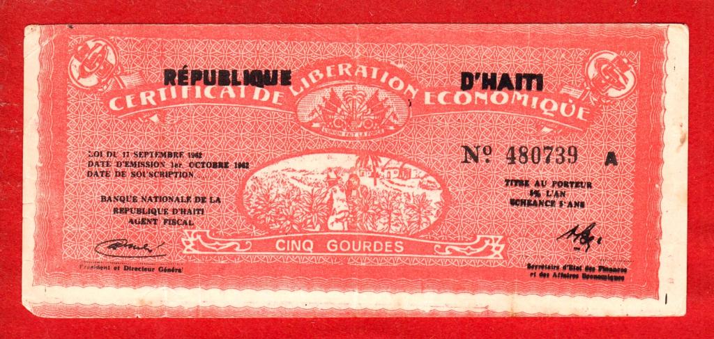 Гаити, сертификат экономического освобождения, 5 гурдов, 1962, Литера A № 480739, ШТАМП