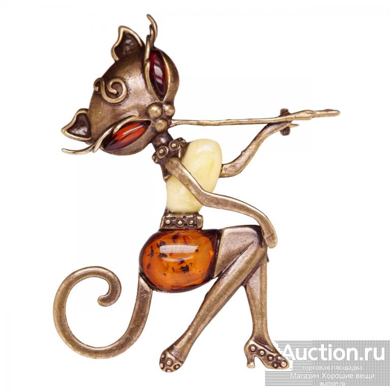 Брошь - подвеска большая "Кошечка гламурная" янтарь кошка бронза 6.5 см 109