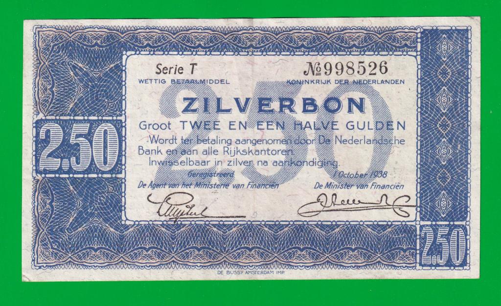 НИДЕРЛАНДЫ  2.5 гульдена 1938 ( ZILVERBON ) - P62