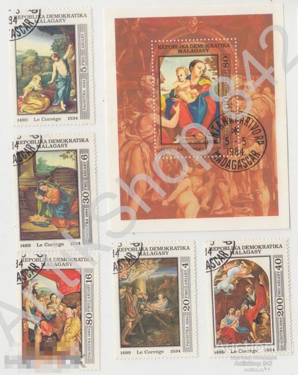 Мадагаскар. 1984 г. Корреджо. Живопись. Блок и 5 марок. Гашеные.