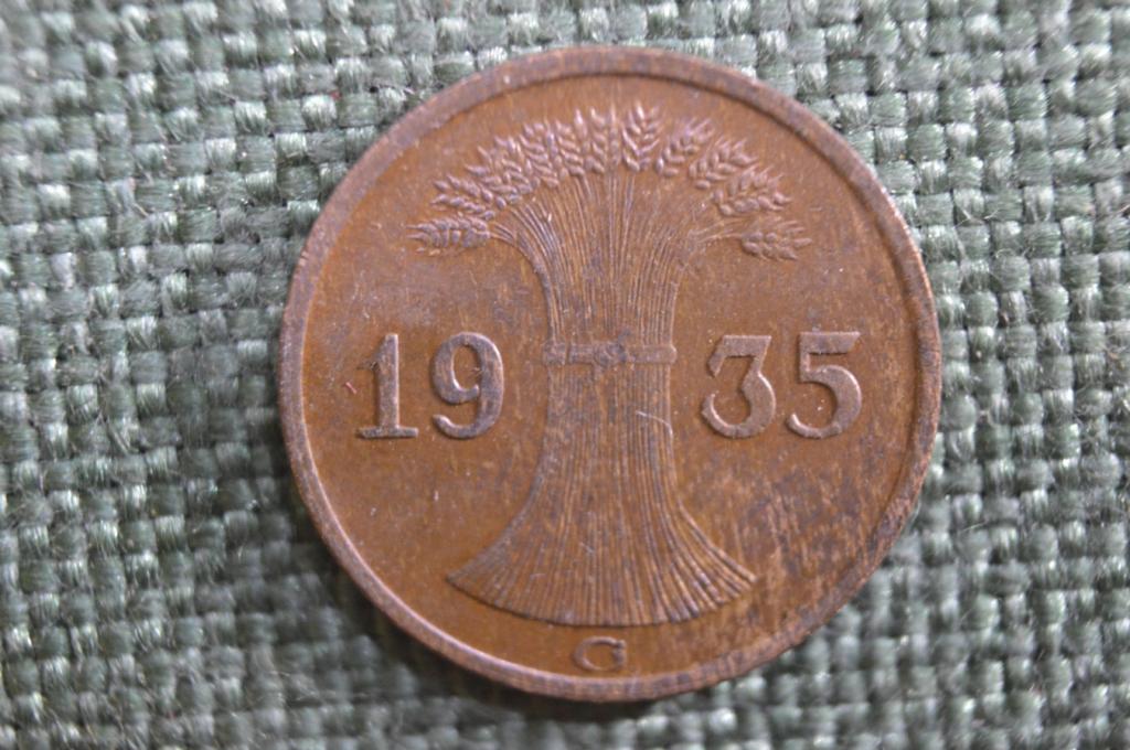 Монета 1 рейхспфенниг 1935 года. Третий Рейх, Германия.