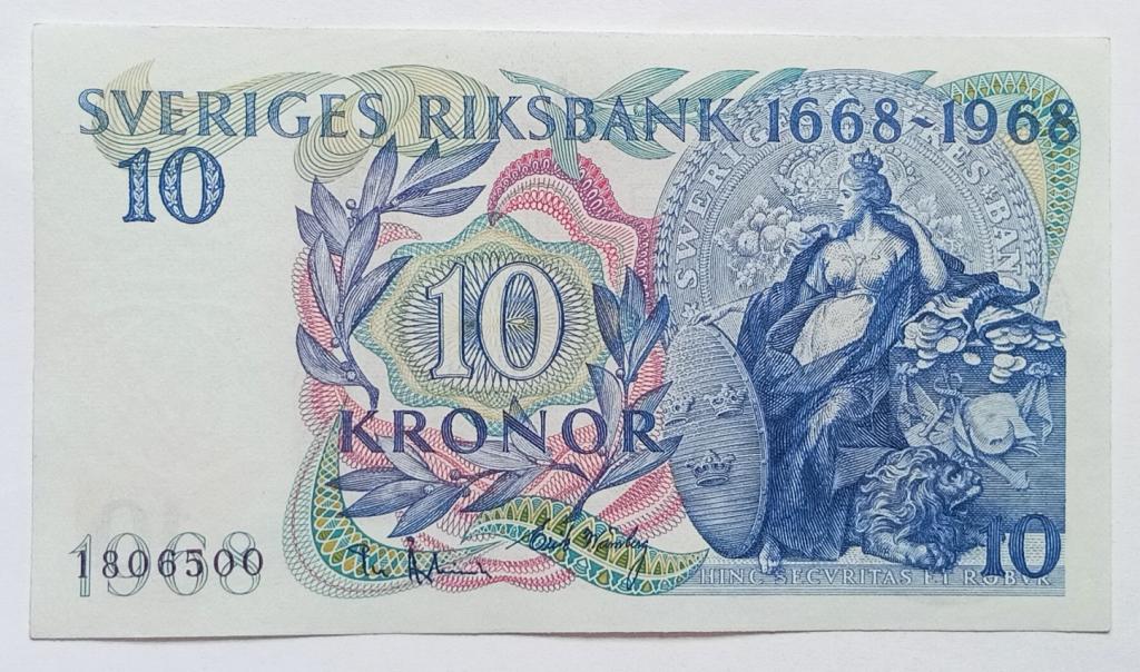 Швеция 10 крон 1968 aUNC 300 лет банку Швеции (К36)