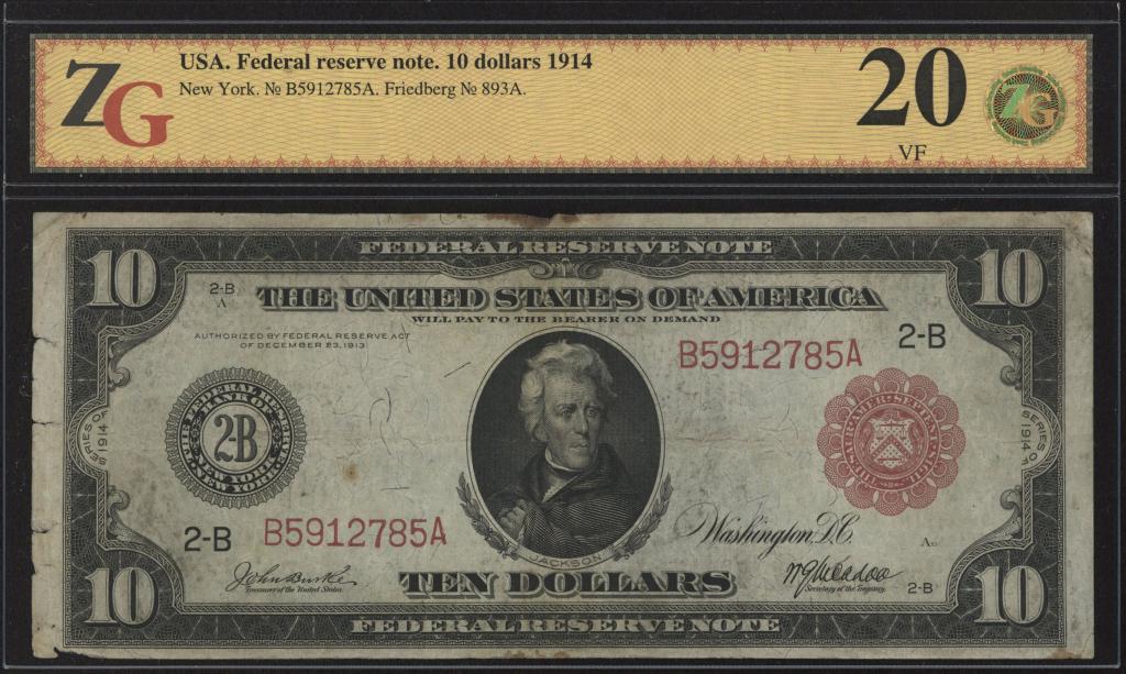 США. 10 долларов 1914 г. Красная печать - редкость!