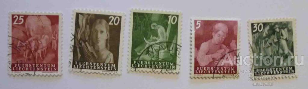 МАРКИ  ЛИХТЕНШТЕИН  СТАНДАРТНЫЙ ВЫПУСК  5 ШТ  1951