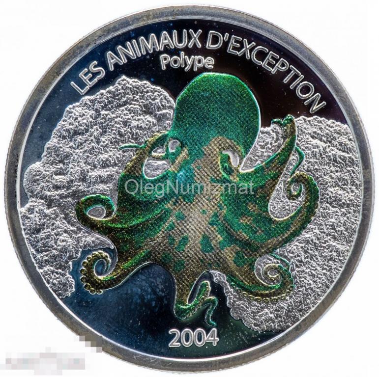 Конго 10 франков 2004 Осьминог, Морская фауна, Серебро, в капсуле, Proof