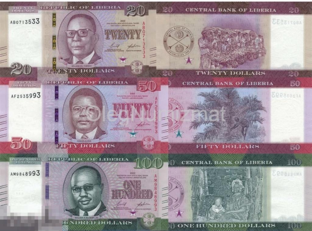 Либерия 20, 50, 100 долларов 2022 набор 3 банкноты пресс UNC