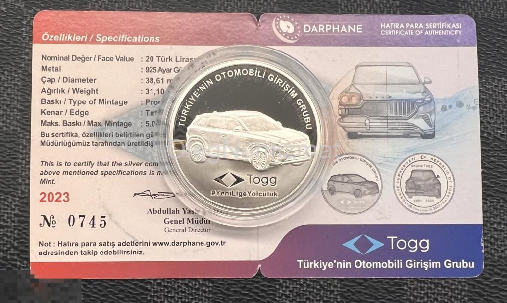 Турция 20 лир 2023 Турецкий Автомобиль Devrim Togg, Серебро, Пруф сертификат