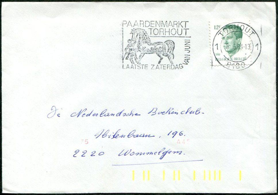 ЛОШАДИ Бельгия 1984 рекламный шт.-слоган Torhout конный рынок конверт