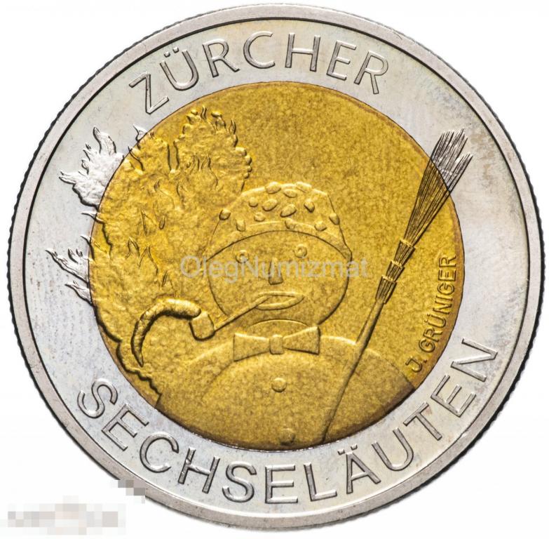 Швейцария 5 франков 2001 Проводы зимы, Снеговик, UNC биметалл