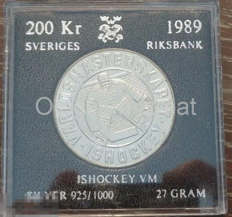 Швеция 200 крон 1989 Хоккей с шайбой, серебро в коробочке