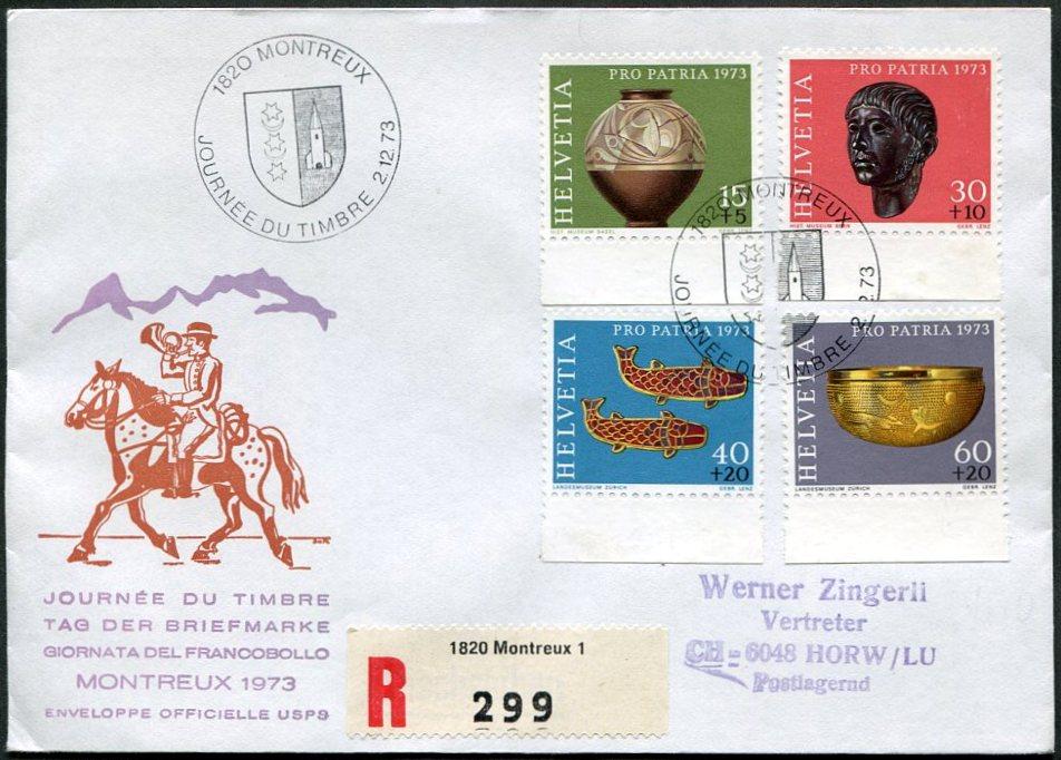 Швейцария 1973 Montreux Монтрё День почтовой марки СГ конный почтальон археология заказной конверт