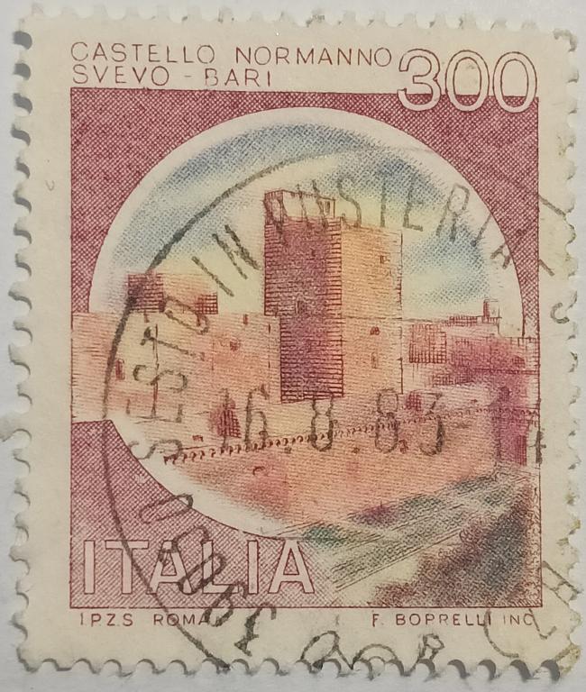 Марки_Италии, Серия: Замки, Бари, 300 лир 1980 год, Гашëная
