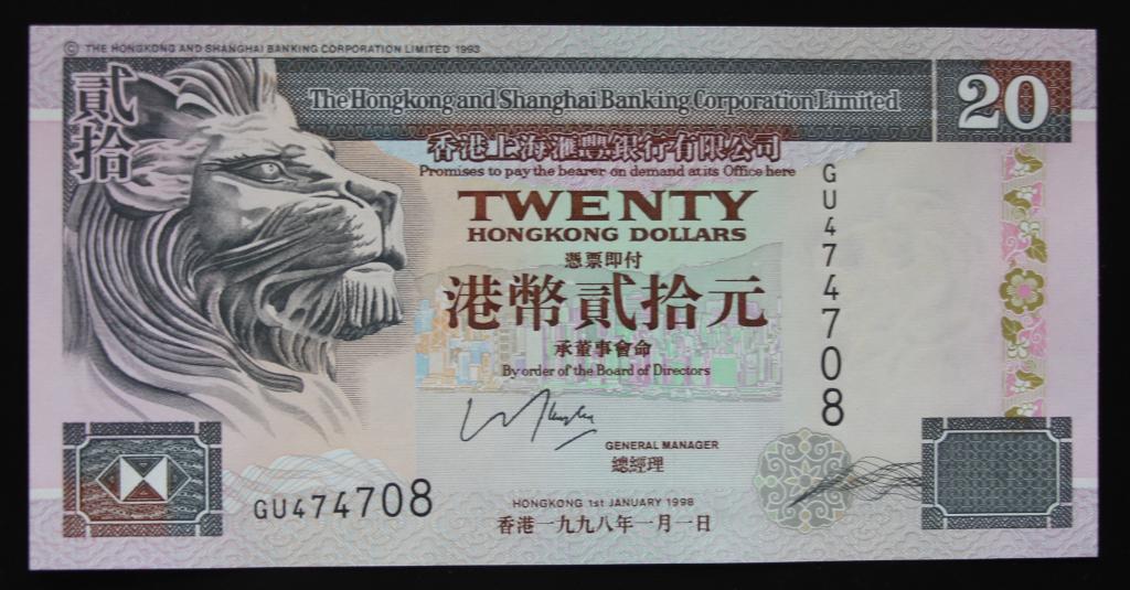 ГОНКОНГ 20 долларов 1998 P201d Unc