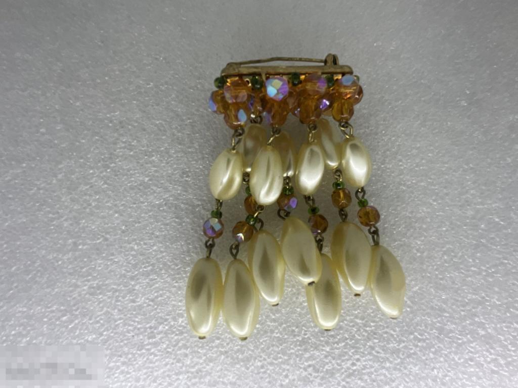 БРОШЬ брошка большая ПЕРЛАМУТР жемчуг подвески кристаллы меняют цвет винтаж Чехословакия