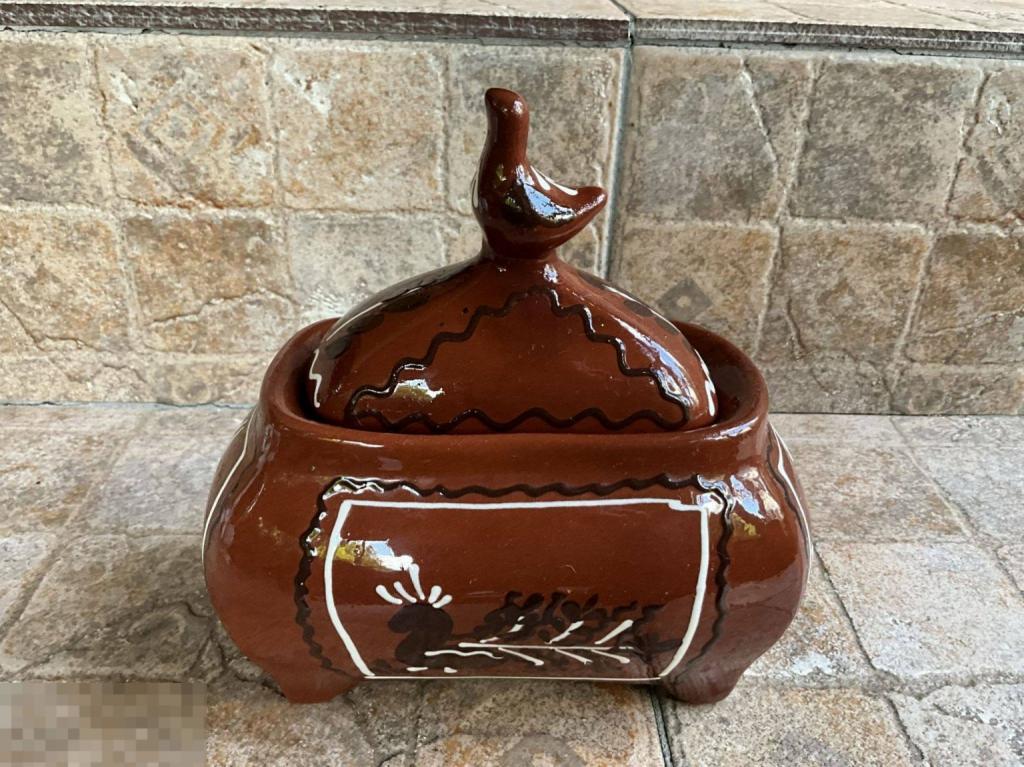 ТЕРИНА с крышкой пельменница ПТИЧКА ЖАР ПТИЦА роспись обливная керамика СССР Отл «С»