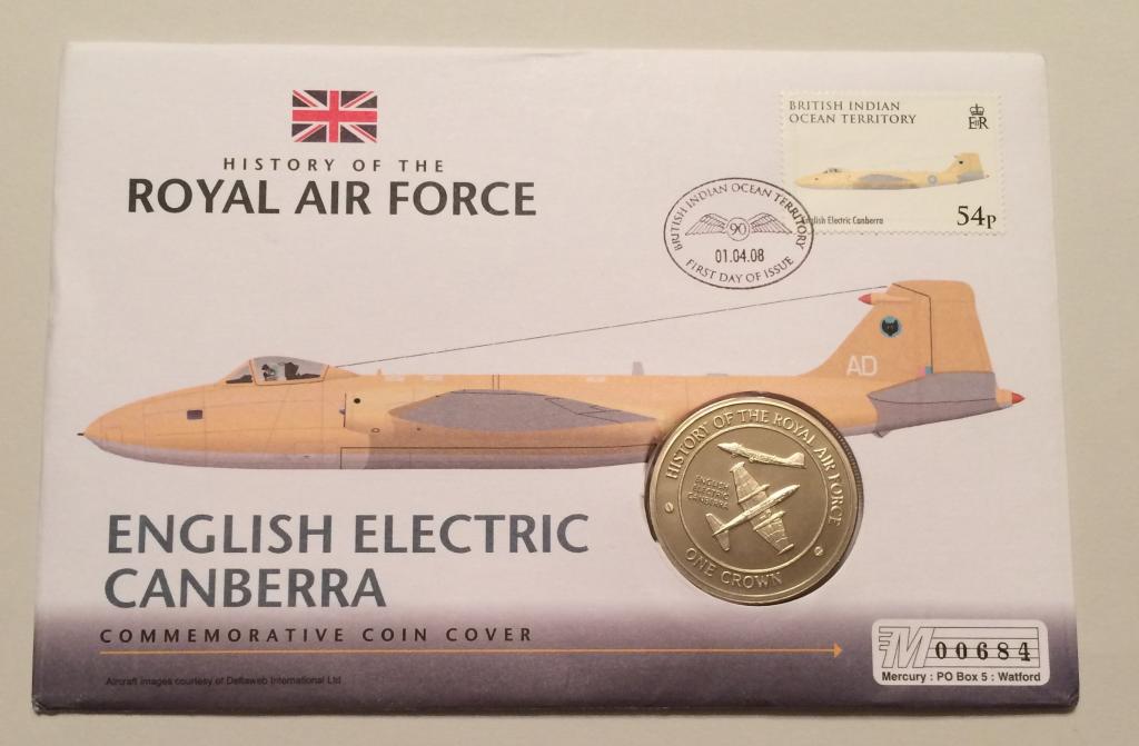 ГИБРАЛТАР 1 КРОНА 2008 ИСТОРИЯ АВИАЦИИ САМОЛЕТ ENGLISH ELECTRIC CANBERRA UNC КОНВЕРТ