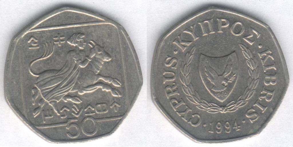 Монета Кипр 50 центов 1994 г. XF
