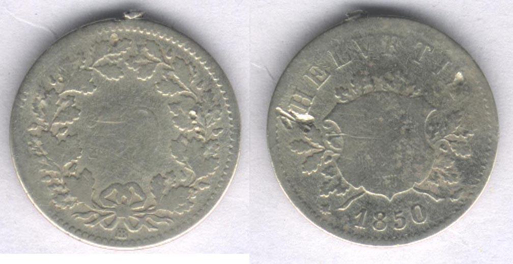 Монета Швейцария 10 раппен 1850 г. G, серебро