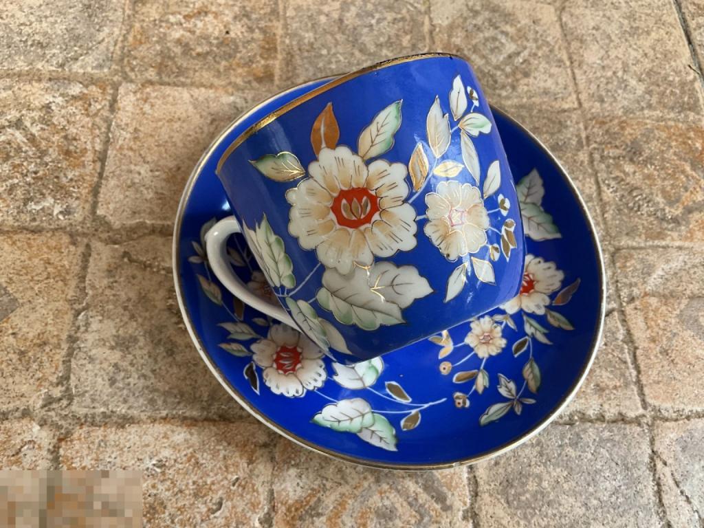 ЧАЙНАЯ ПАРА чашка с блюдцем АЛЕНЬКИЙ ЦВЕТОЧЕК синее крытье ПЕСОЧНОЕ Редкость! Отл