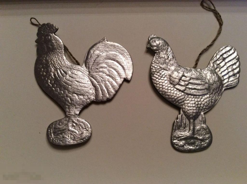 ЕЛОЧНАЯ ИГРУШКА СССР ПЕТУХ и КУРИЦА объемный серебряный картон
