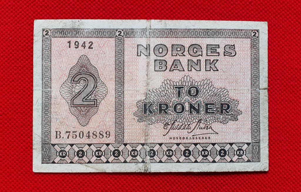 2 кроны "Norges Bank", 1942 год !, королевство Норвегия сателлит Германии