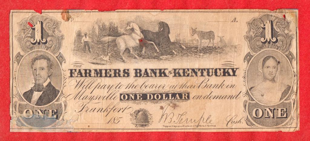 США, Farmers Bank of Kentucky, 1 доллар, 185_ год, ОРИГИНАЛ, RRR