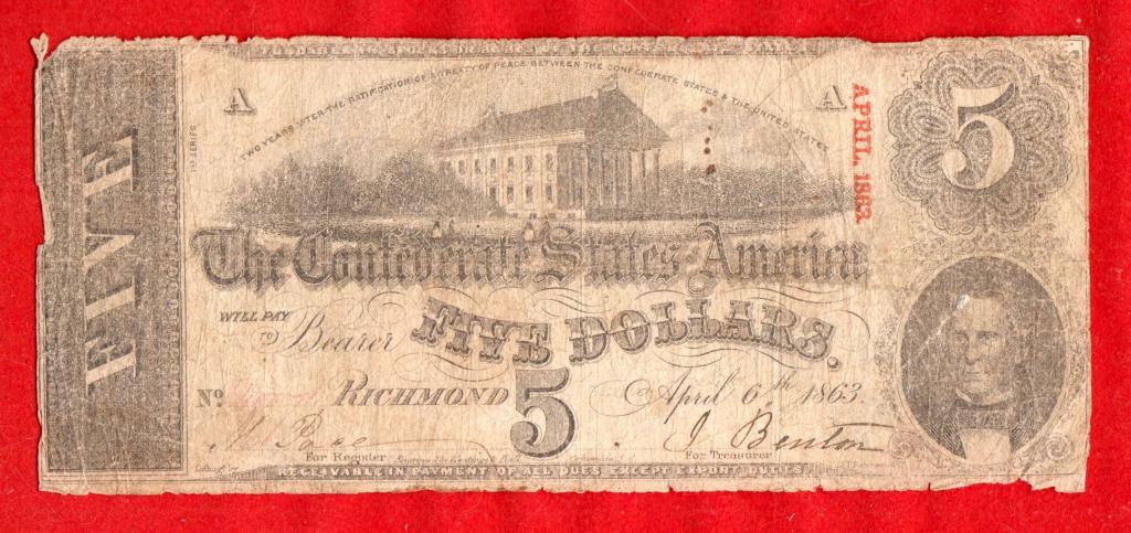 США, Конфедерация, Ричмонд, 5 долларов, 1863 год, ОРИГИНАЛ, RRR