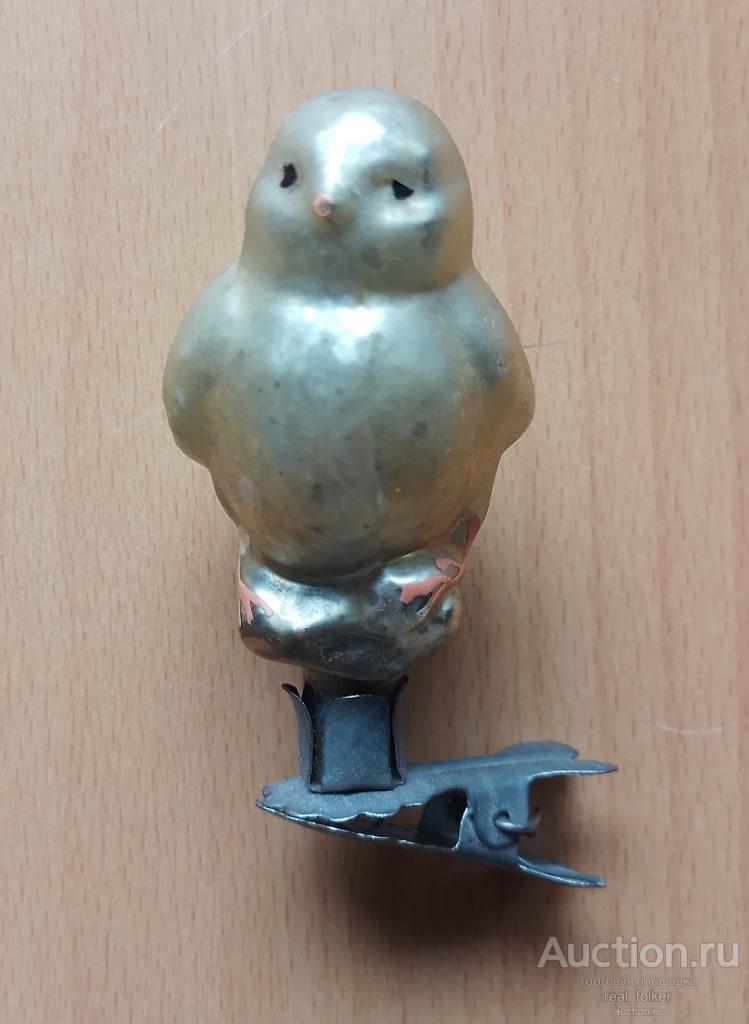 Елочная игрушка СССР - Воробей, Синичка. Стекло. Скол. 7 см