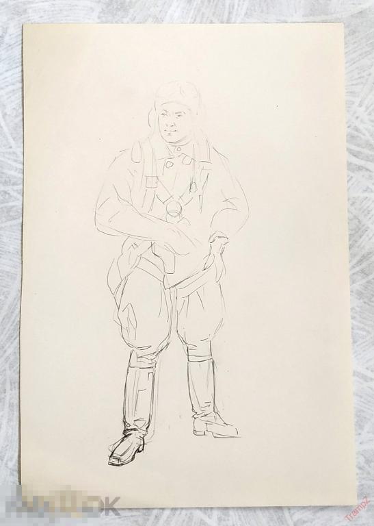 Рисунок набросок карандашом, Авиатор летчик. В. Фролов 1950-70-е