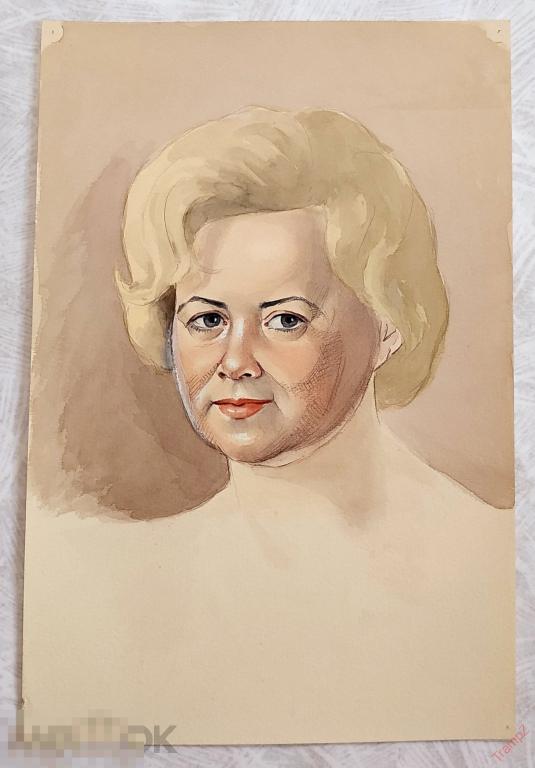 Рисунок набросок карандашом, акварель. Женщина портрет. В. Фролов 1950-70-е