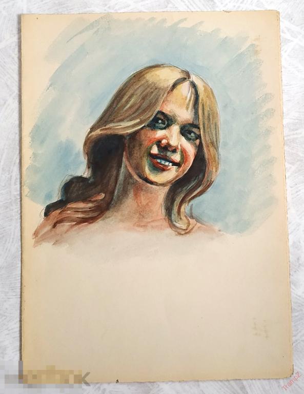 Рисунок акварель. Портрет девушка. В. Фролов 1950-70-е