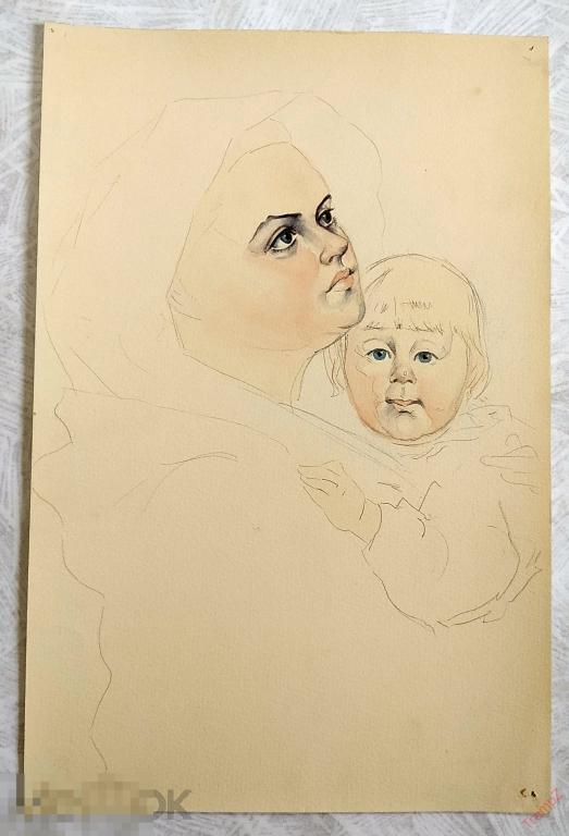 Рисунок набросок карандашом, акварель. Мать с ребенком. В. Фролов 1950-70-е