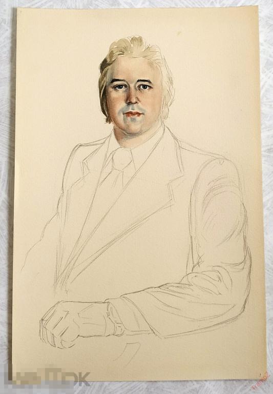 Рисунок набросок карандашом, акварель. Мужчина портрет. В. Фролов 1950-70-е
