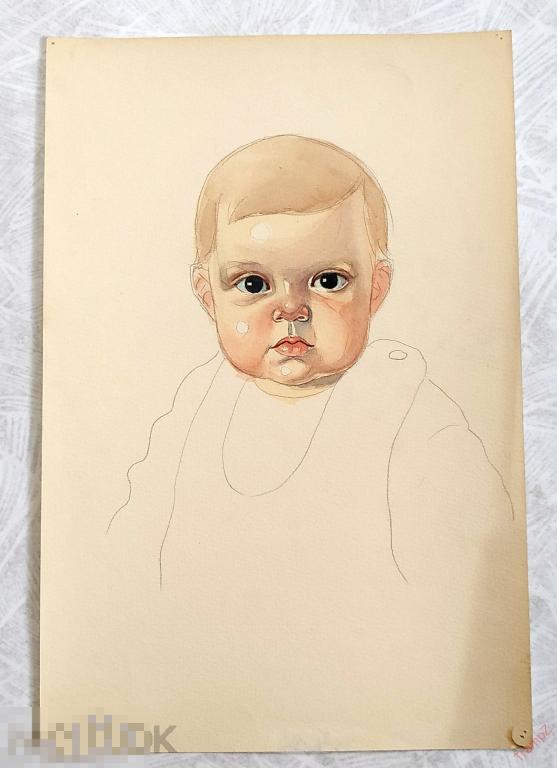 Рисунок набросок карандашом, акварель. Ребенок малыш портрет. В. Фролов 1950-70-е
