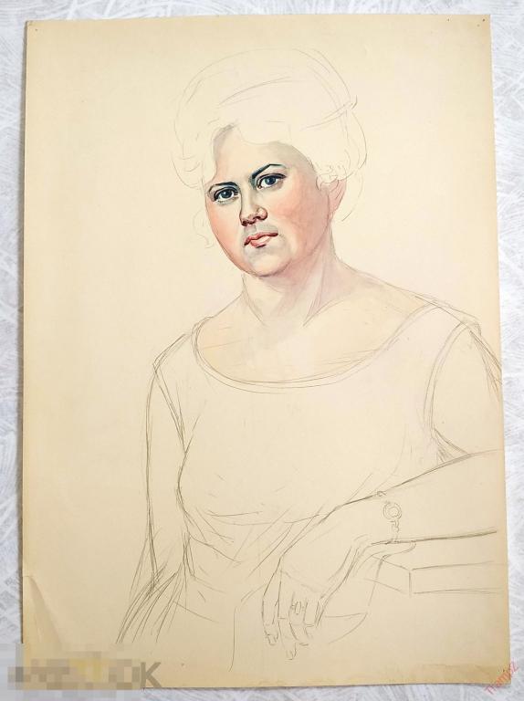Рисунок набросок карандашом, акварель. Женщина портрет. В. Фролов 1950-70-е