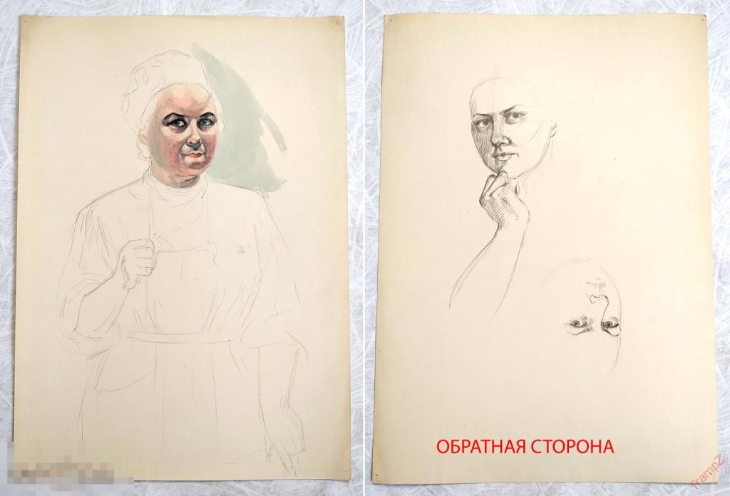 Рисунок набросок акварель. Женщина девушка портрет. В. Фролов 1950-70-е