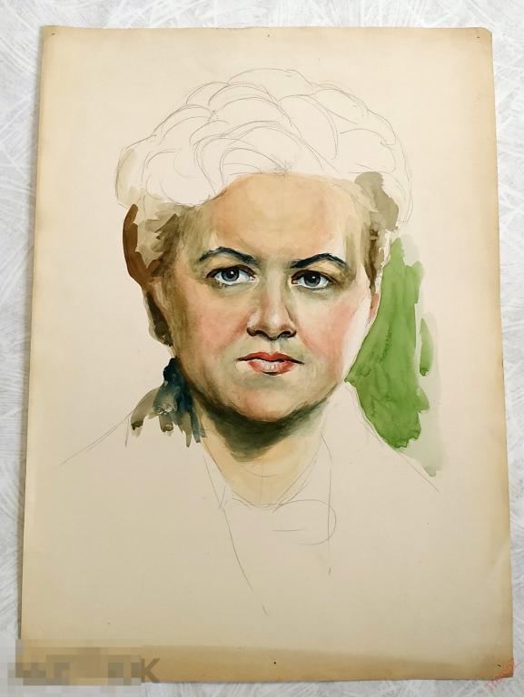 Рисунок набросок карандашом, акварель. Женщина портрет. В. Фролов 1950-70-е