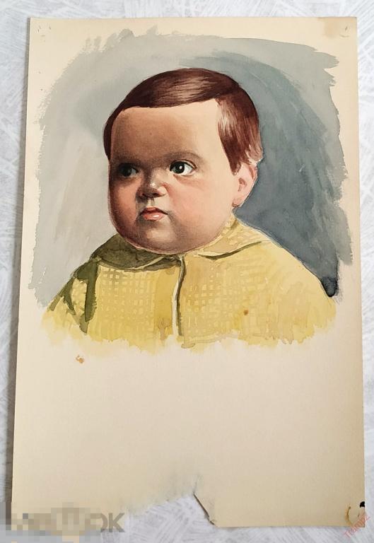 Рисунок акварель. Портрет ребенок малыш. В. Фролов 1950-70-е