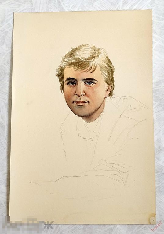 Рисунок набросок карандашом, акварель. Мужчина портрет. В. Фролов 1950-70-е