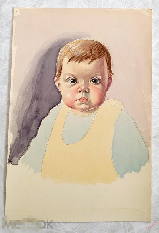 Рисунок набросок карандашом, акварель. Ребенок малыш портрет. В. Фролов 1950-70-е