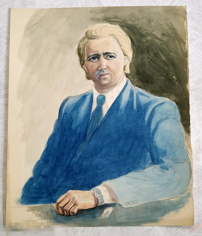 Рисунок набросок карандашом, акварель. Мужчина портрет. В. Фролов 1950-70-е