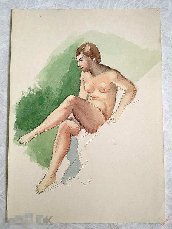 Рисунок набросок карандашом, акварель. обнаженная женщина, ню. В. Фролов 1950-70-е