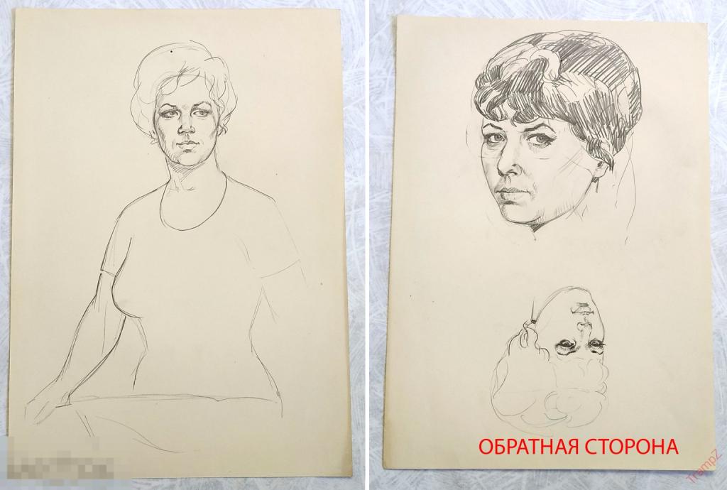Рисунок набросок карандашом. Портрет девушка. В. Фролов 1950-70-е