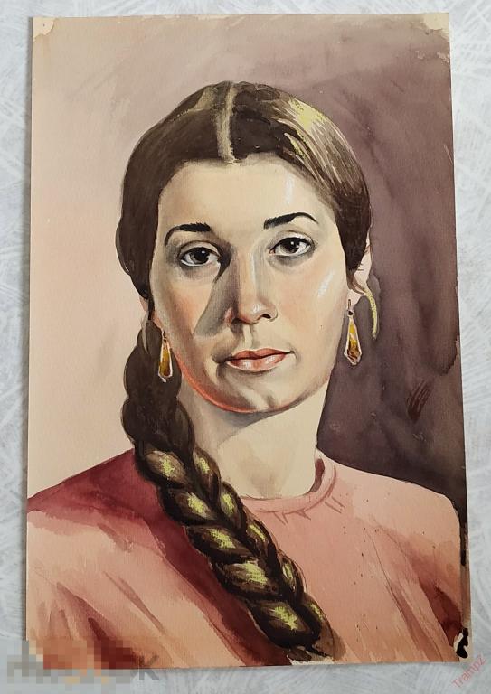 Рисунок акварель. Портрет женщина с косой. В. Фролов 1950-70-е