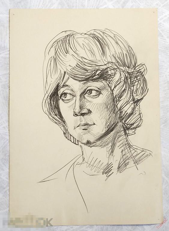 Рисунок набросок карандашом. Женщина девушка портрет. В. Фролов 1950-70-е