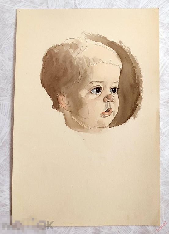 Рисунок набросок карандашом, акварель. Ребенок малыш портрет. В. Фролов 1950-70-е