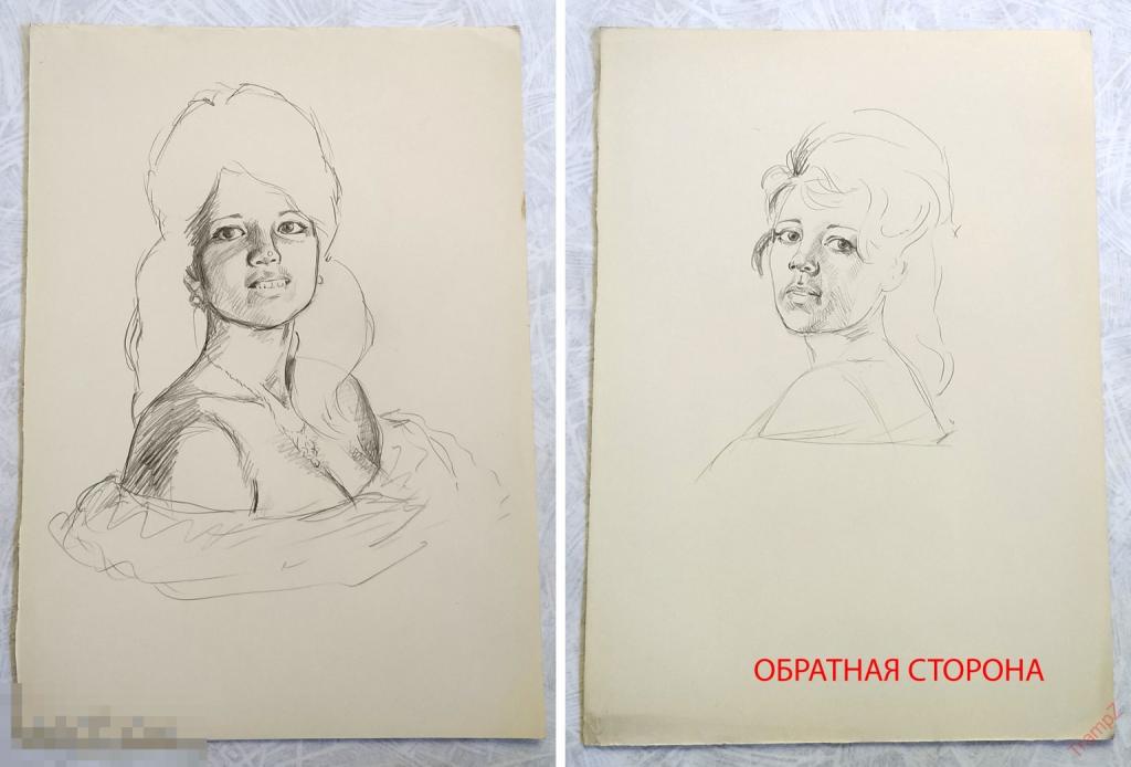 Рисунок набросок карандашом. Портрет девушка. В. Фролов 1950-70-е