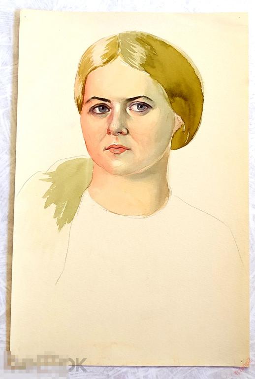 Рисунок набросок карандашом, акварель. Женщина портрет. В. Фролов 1950-70-е